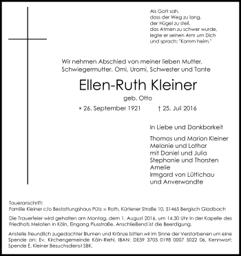 Anzeige von Ellen-Ruth Kleiner von Kölner Stadt-Anzeiger / Kölnische Rundschau / Express