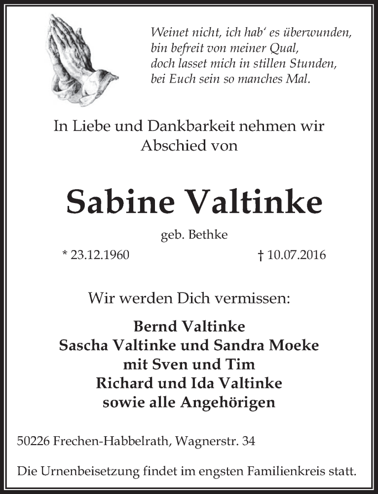  Traueranzeige für Sabine Valtinke vom 20.07.2016 aus  Wochenende 