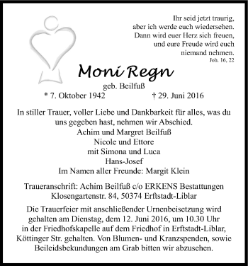 Anzeige von Moni Regn von Kölner Stadt-Anzeiger / Kölnische Rundschau / Express