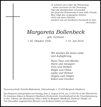 Anzeige von Margareta Bollenbeck von Kölner Stadt-Anzeiger / Kölnische Rundschau / Express
