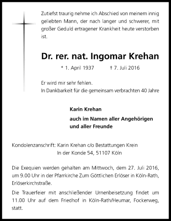Anzeige von Ingomar Krehan von Kölner Stadt-Anzeiger / Kölnische Rundschau / Express