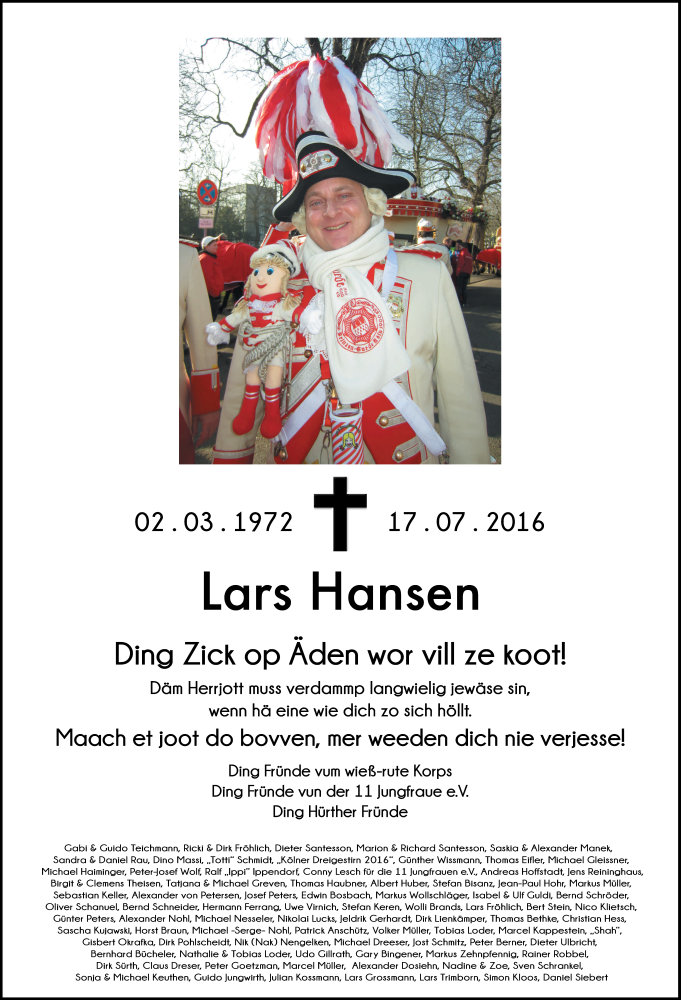  Traueranzeige für Lars Hansen vom 23.07.2016 aus Kölner Stadt-Anzeiger / Kölnische Rundschau / Express