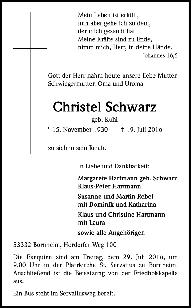  Traueranzeige für Christel Schwarz vom 23.07.2016 aus Kölner Stadt-Anzeiger / Kölnische Rundschau / Express