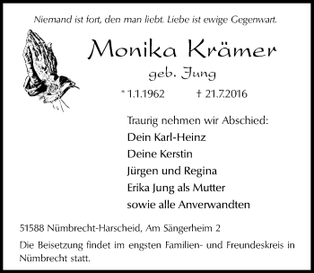 Anzeige von Monika Krämer von  Lokalanzeiger 