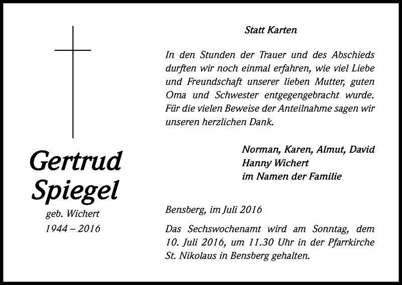 Traueranzeige für Gertrud Spiegel vom 02.07.2016 aus Kölner Stadt-Anzeiger / Kölnische Rundschau / Express