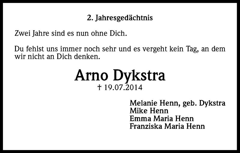  Traueranzeige für Arno Dykstra vom 19.07.2016 aus Kölner Stadt-Anzeiger / Kölnische Rundschau / Express