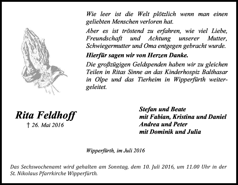  Traueranzeige für Rita Feldhoff vom 02.07.2016 aus Kölner Stadt-Anzeiger / Kölnische Rundschau / Express