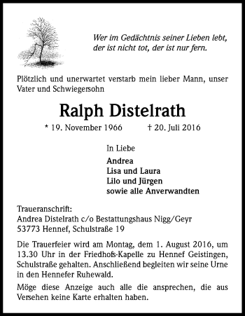 Anzeige von Ralph Distelrath von Kölner Stadt-Anzeiger / Kölnische Rundschau / Express