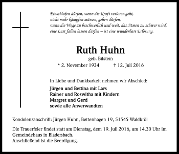 Anzeige von Ruth Hahn von Köln - Wir Trauern