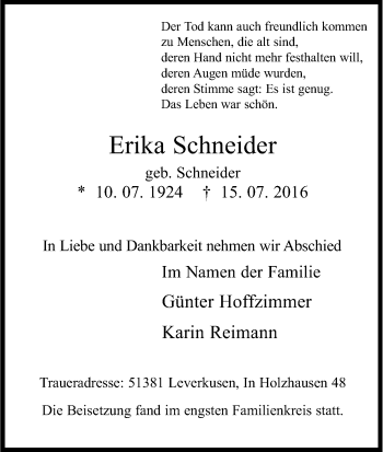Anzeige von Erika Schneider von Kölner Stadt-Anzeiger / Kölnische Rundschau / Express