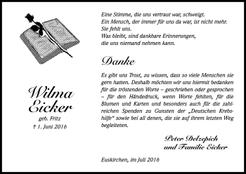 Anzeige von Wilma Eicker von Kölner Stadt-Anzeiger / Kölnische Rundschau / Express