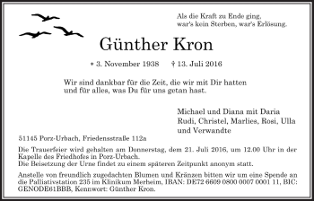 Anzeige von Günther Kron von  Kölner Wochenspiegel 