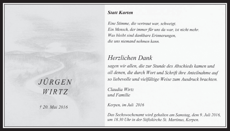  Traueranzeige für Jürgen Wirtz vom 06.07.2016 aus  Werbepost 