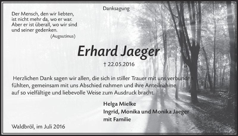  Traueranzeige für Erhard Jaeger vom 06.07.2016 aus  Lokalanzeiger 