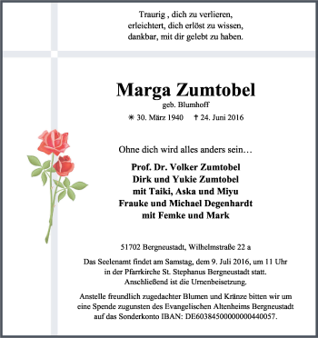 Anzeige von Marga Zumtobel von Kölner Stadt-Anzeiger / Kölnische Rundschau / Express
