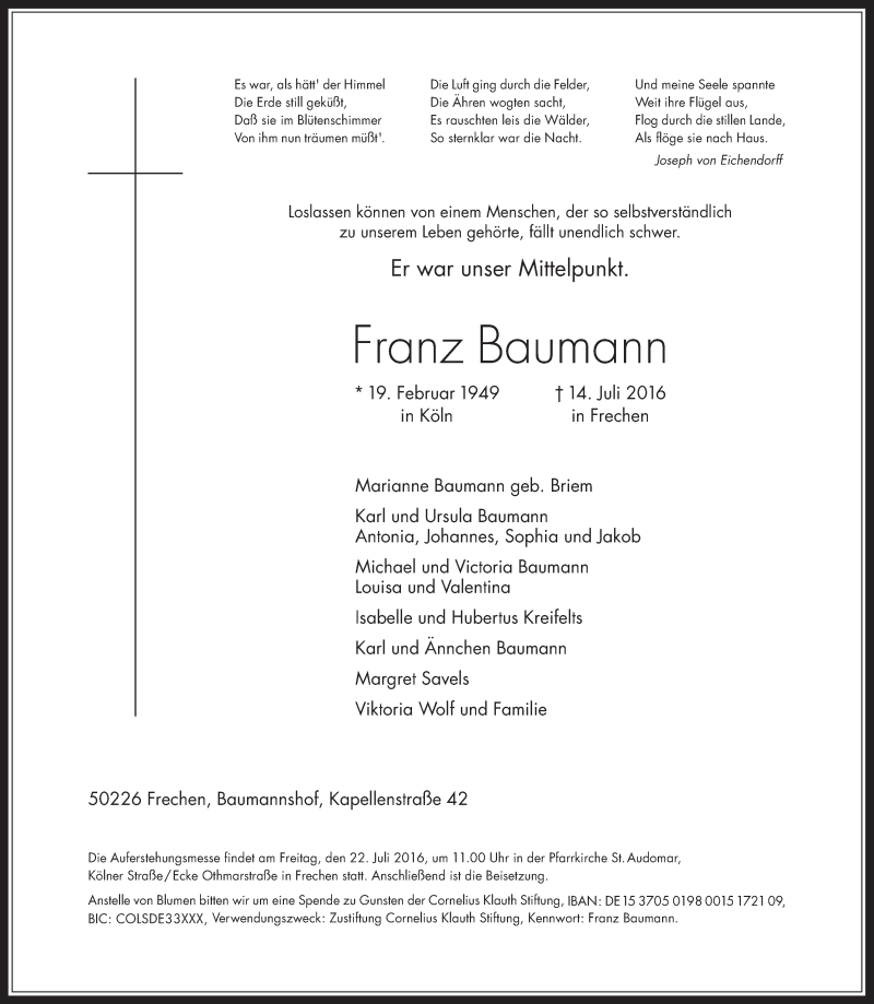  Traueranzeige für Franz Baumann vom 20.07.2016 aus  Wochenende 