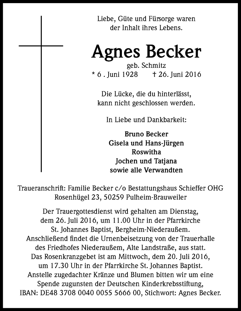  Traueranzeige für Agnes Becker vom 16.07.2016 aus Kölner Stadt-Anzeiger / Kölnische Rundschau / Express