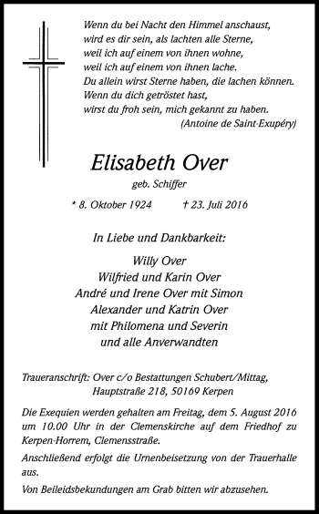 Anzeige von Elisabeth Over von Kölner Stadt-Anzeiger / Kölnische Rundschau / Express