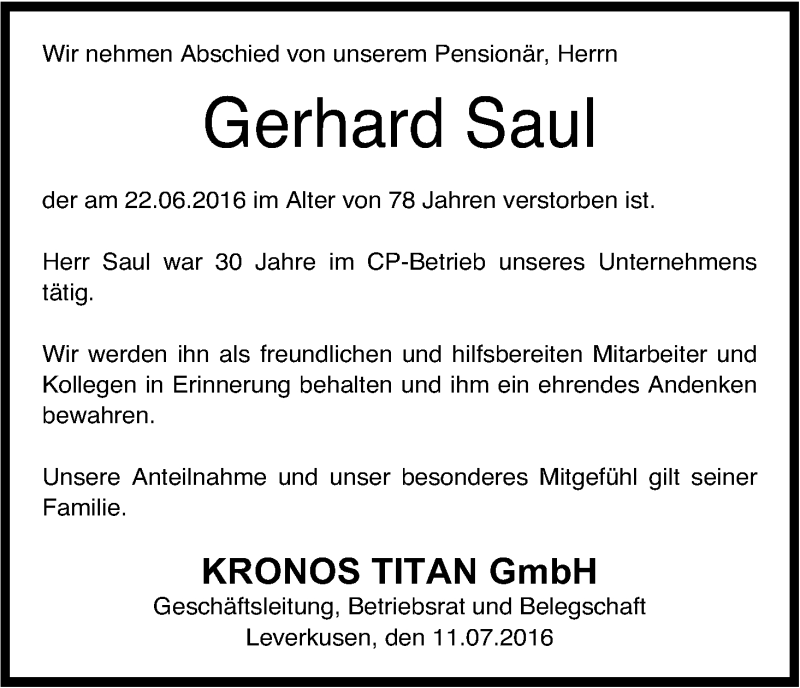  Traueranzeige für Gerhard Saul vom 11.07.2016 aus Kölner Stadt-Anzeiger / Kölnische Rundschau / Express