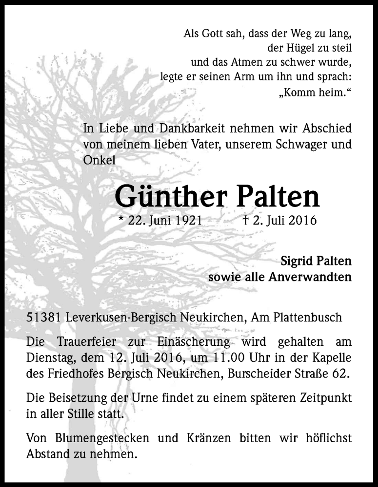  Traueranzeige für Günther Palten vom 08.07.2016 aus Kölner Stadt-Anzeiger / Kölnische Rundschau / Express