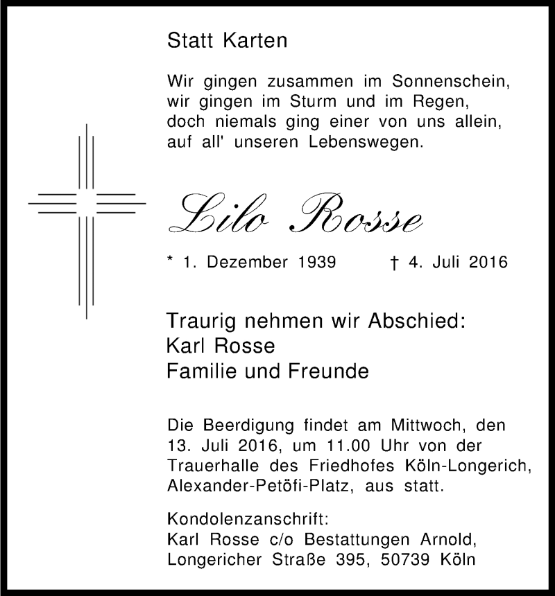  Traueranzeige für Lilo Rosse vom 09.07.2016 aus Kölner Stadt-Anzeiger / Kölnische Rundschau / Express