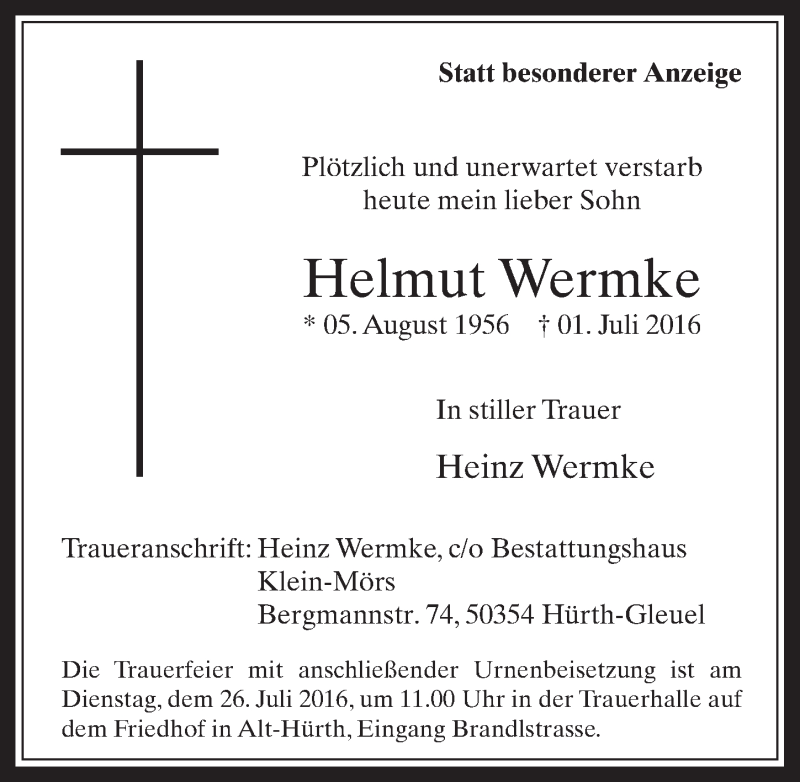  Traueranzeige für Helmut Wermke vom 20.07.2016 aus  Wochenende 