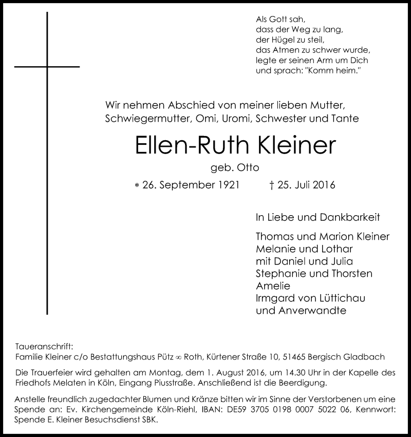  Traueranzeige für Ellen-Ruth Kleiner vom 30.07.2016 aus Kölner Stadt-Anzeiger / Kölnische Rundschau / Express