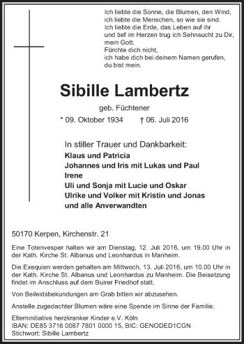 Anzeige von Sibille Lambertz von  Sonntags-Post 