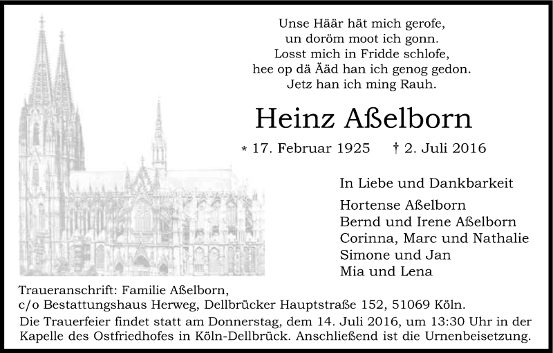  Traueranzeige für Heinz Aßelborn vom 09.07.2016 aus Kölner Stadt-Anzeiger / Kölnische Rundschau / Express