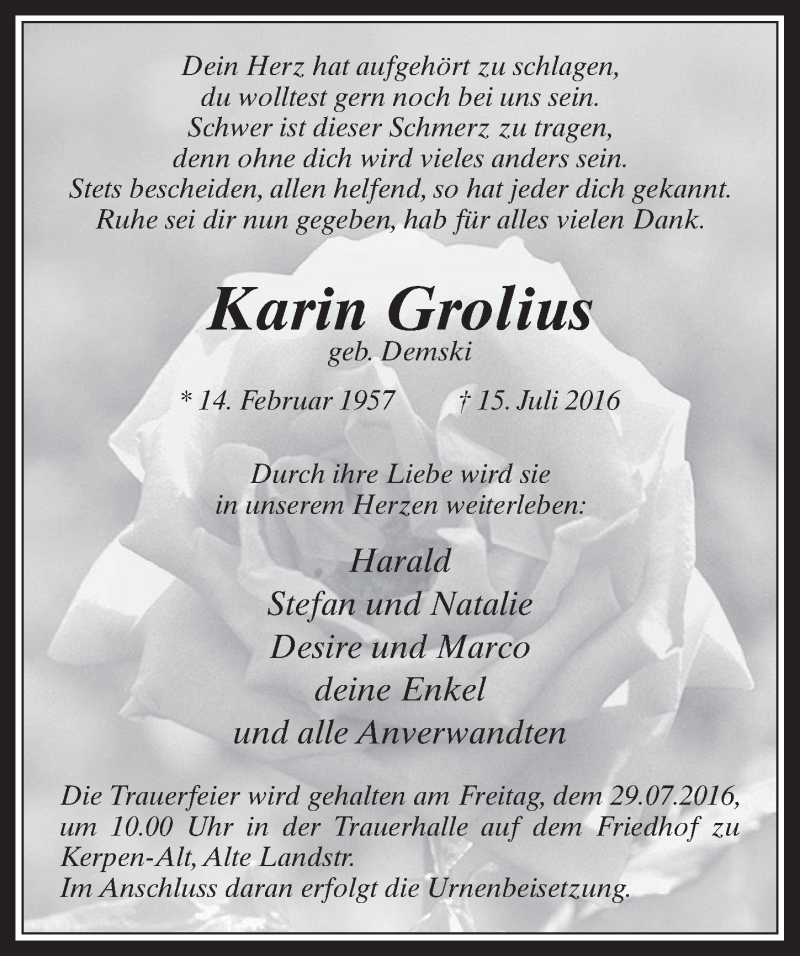  Traueranzeige für Karin Grolius vom 27.07.2016 aus  Werbepost 