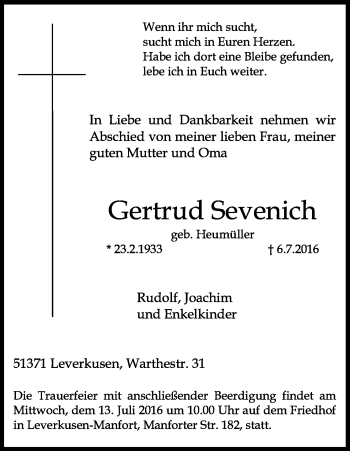 Anzeige von Gertrud Sevenich von Kölner Stadt-Anzeiger / Kölnische Rundschau / Express