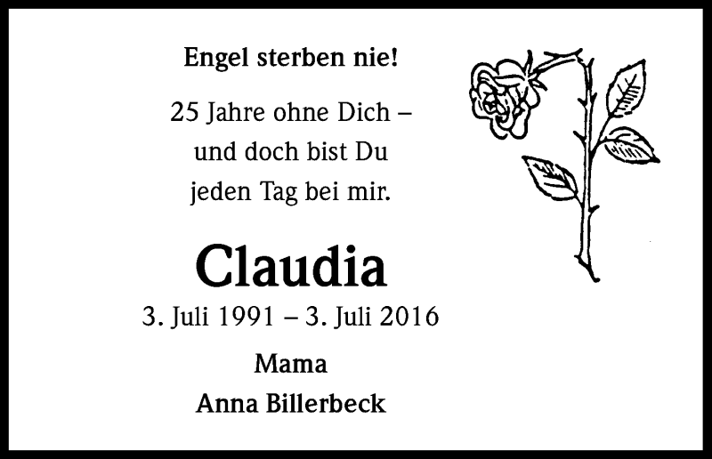  Traueranzeige für Claudia  vom 02.07.2016 aus Kölner Stadt-Anzeiger / Kölnische Rundschau / Express