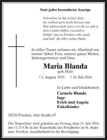 Anzeige von Maria Blanda von  Wochenende 