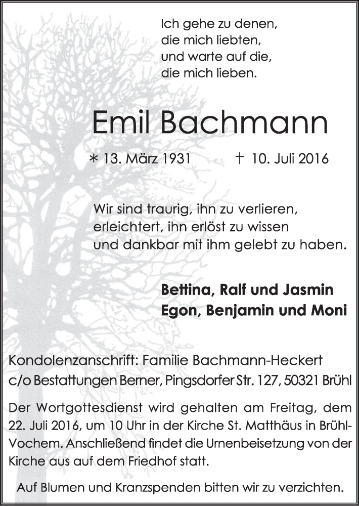  Traueranzeige für Emil Bachmann vom 20.07.2016 aus  Schlossbote/Werbekurier 