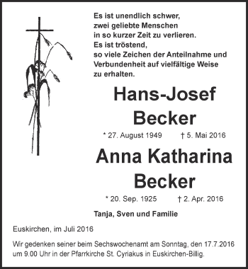 Anzeige von Hans-Josef und Anna Katharina Becker von  Blickpunkt Euskirchen 