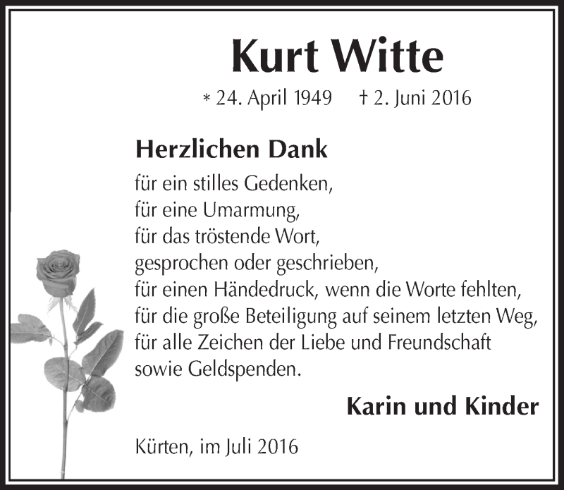  Traueranzeige für Kurt Witte vom 23.07.2016 aus  Bergisches Sonntagsblatt 