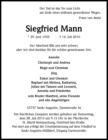 Anzeige von Siegfried Mann von Kölner Stadt-Anzeiger / Kölnische Rundschau / Express