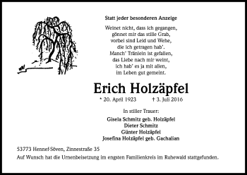 Anzeige von Erich Holzäpfel von Kölner Stadt-Anzeiger / Kölnische Rundschau / Express