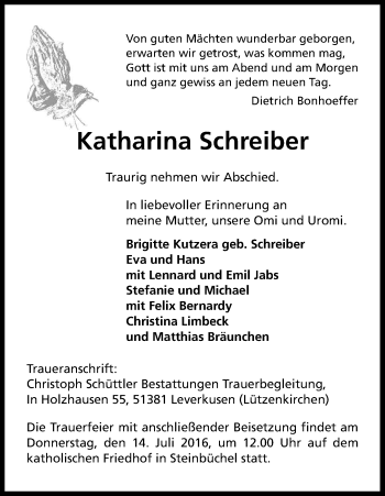 Anzeige von Katharina Schreiber von Kölner Stadt-Anzeiger / Kölnische Rundschau / Express