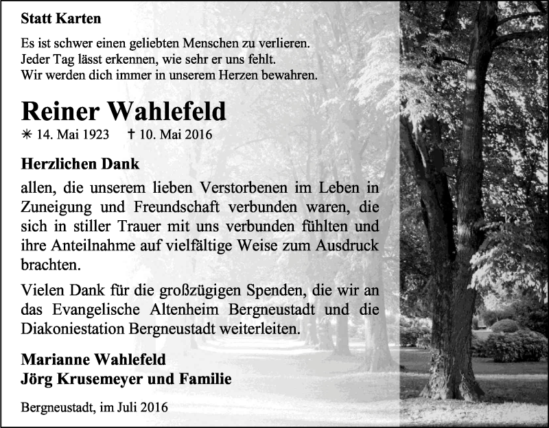  Traueranzeige für Reiner Wahlefeld vom 09.07.2016 aus Kölner Stadt-Anzeiger / Kölnische Rundschau / Express