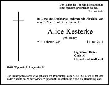 Anzeige von Alice Kesterke von Kölner Stadt-Anzeiger / Kölnische Rundschau / Express