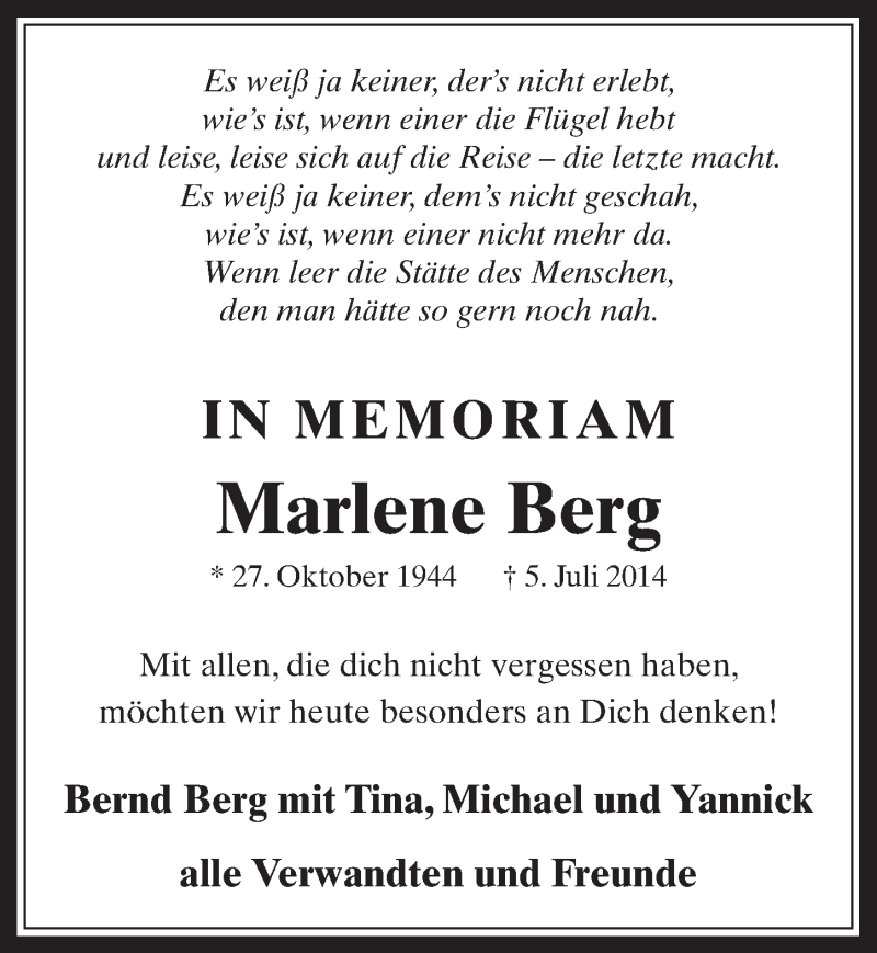  Traueranzeige für Marlene Berg vom 06.07.2016 aus  Werbepost 