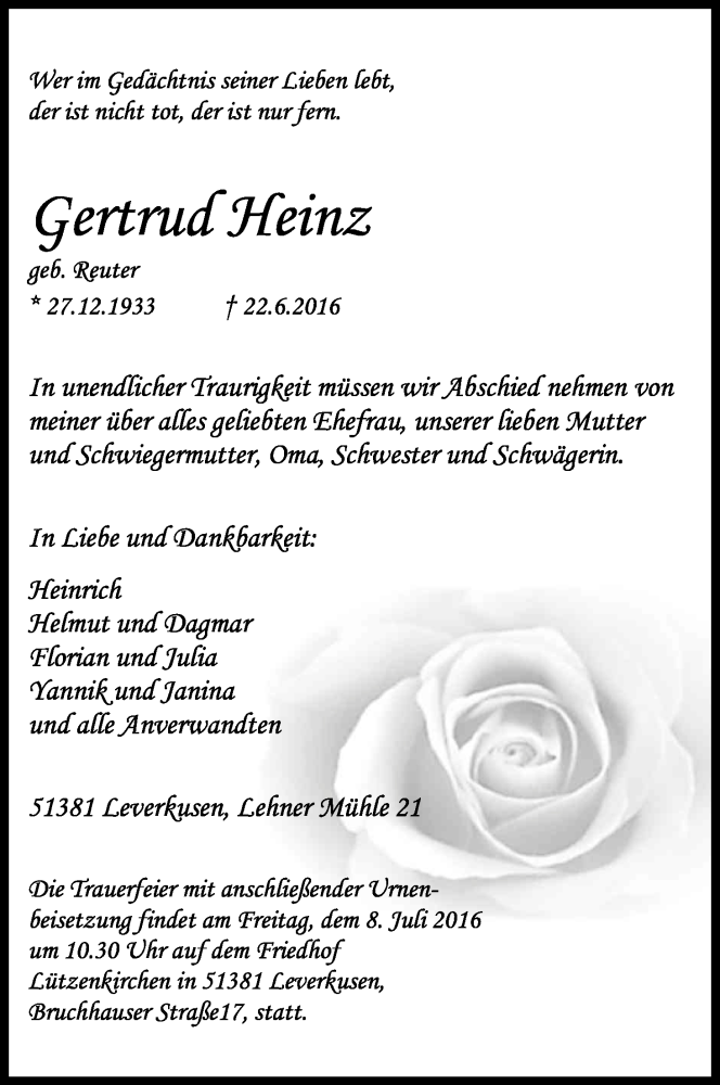  Traueranzeige für Gertrud Heinz vom 02.07.2016 aus Kölner Stadt-Anzeiger / Kölnische Rundschau / Express