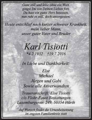 Anzeige von Karl Tisiotti von  Sonntags-Post 