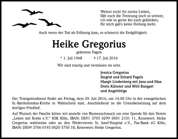 Anzeige von Heike Gregorius von Kölner Stadt-Anzeiger / Kölnische Rundschau / Express