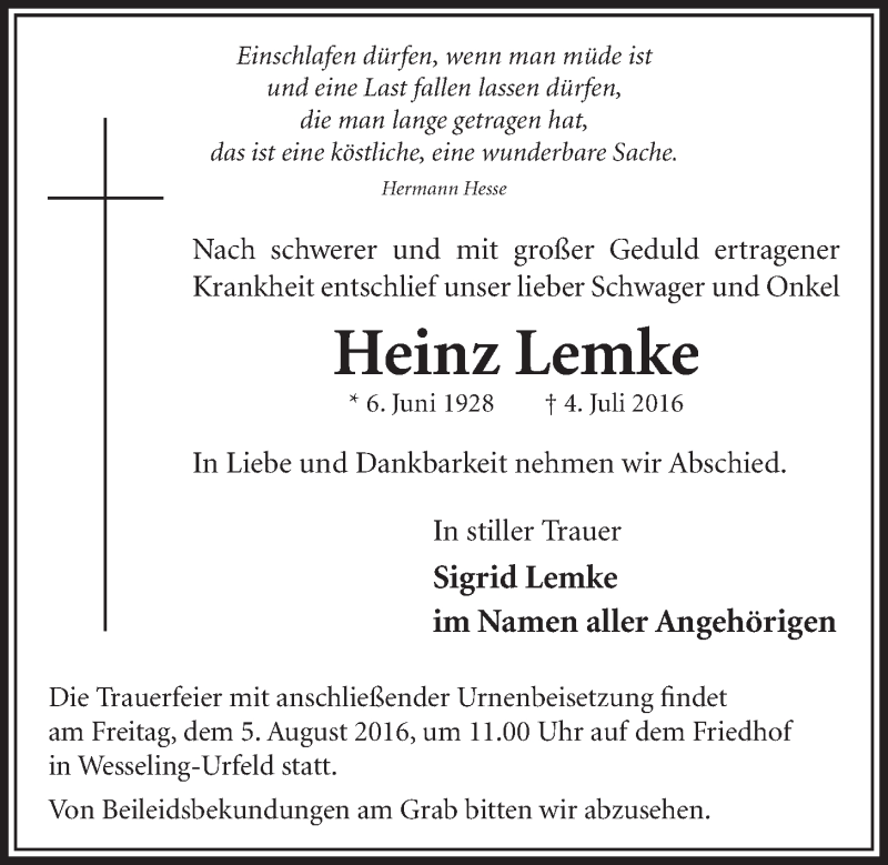  Traueranzeige für Heinz Lemke vom 27.07.2016 aus  Schlossbote/Werbekurier 