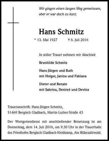 Anzeige von Hans Schmitz von Kölner Stadt-Anzeiger / Kölnische Rundschau / Express