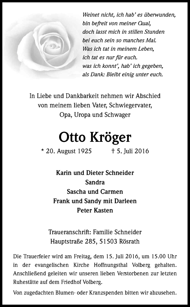  Traueranzeige für Otto Kröger vom 09.07.2016 aus Kölner Stadt-Anzeiger / Kölnische Rundschau / Express