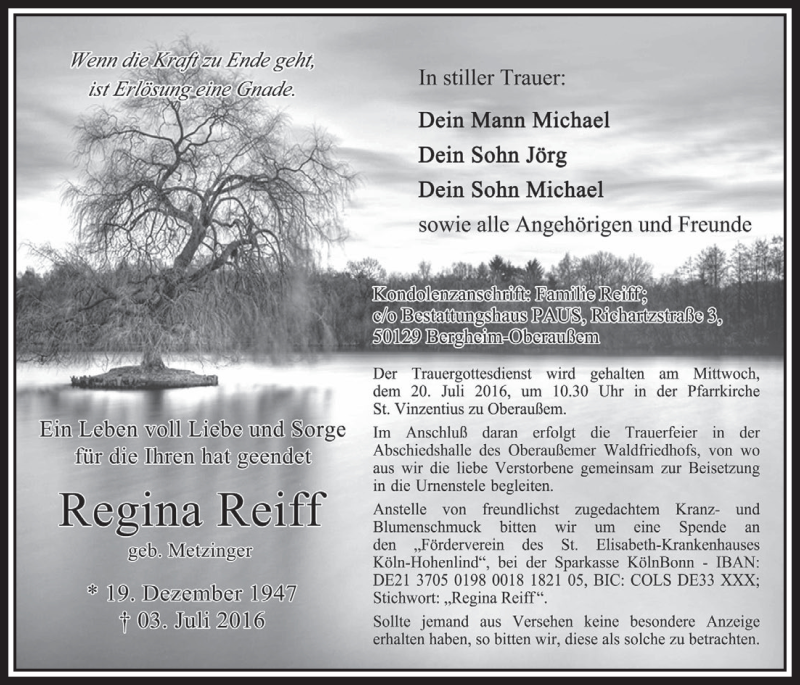  Traueranzeige für Regina Reiff vom 16.07.2016 aus  Sonntags-Post 
