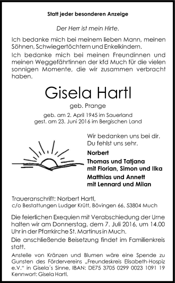 Anzeige von Gisela Hartl von Kölner Stadt-Anzeiger / Kölnische Rundschau / Express